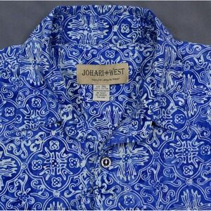 Johari West Mens 2XL Blue White Batik Medallion Cotton S/S Hawaiian Shirt